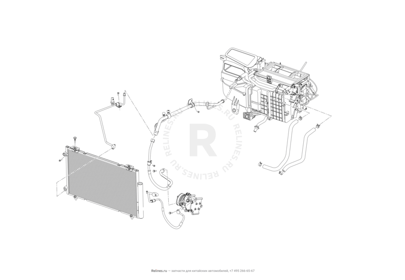 Запчасти Lifan X70 Поколение I (2018)  — Радиатор, компрессор и трубки кондиционера — схема