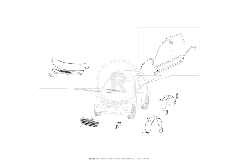 Запчасти Lifan X70 Поколение I (2018)  — Брызговики, решетки, накладки, подкрылки — схема