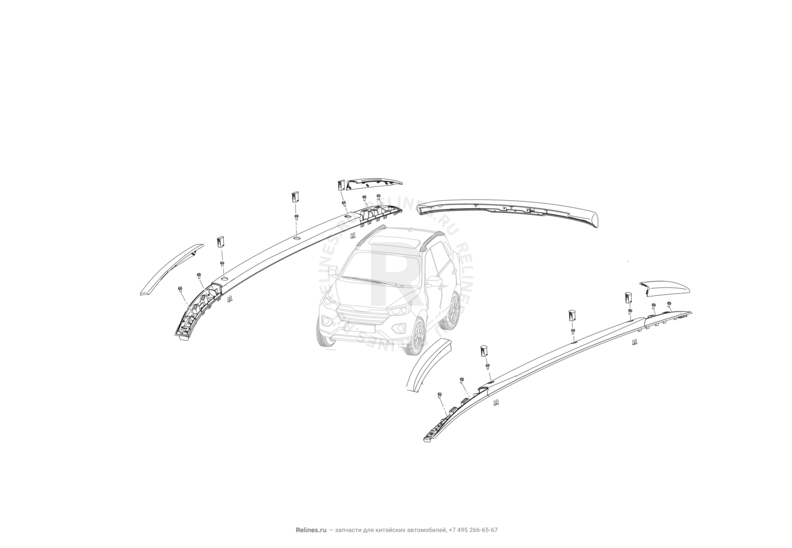 Запчасти Lifan X70 Поколение I (2018)  — Молдинги и рейлинги крыши — схема