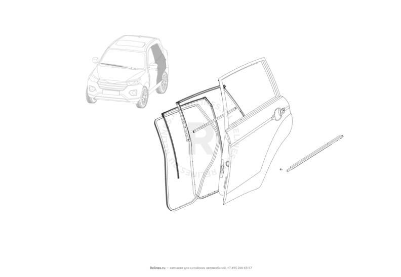 Запчасти Lifan X70 Поколение I (2018)  — Уплотнители и молдинги задних дверей — схема