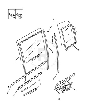 Запчасти Geely MK Cross Поколение I (2010)  — Стекла, стеклоподъемники, молдинги и уплотнители задних дверей (POWER GLASS) — схема