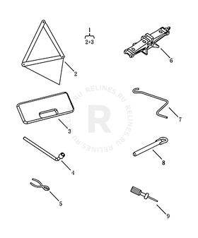 Набор автомобилиста (домкрат, знак аварийной остановки, крюк буксировочный, балонный ключ) Geely MK Cross — схема