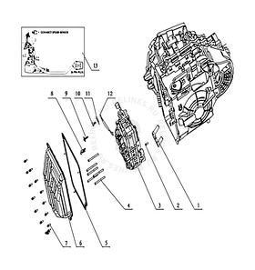 Запчасти Geely SC7 Поколение I (2010)  — Блок клапанов, датчик скорости и поддон (картер) масляный коробки переключения передач АКПП (DSI) — схема