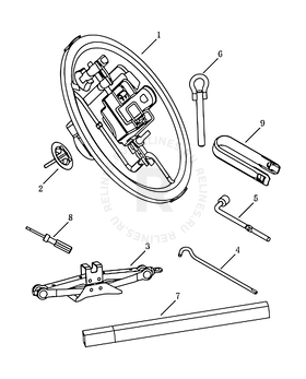 Запчасти Geely Emgrand 7 Поколение II (2014)  — Набор автомобилиста (домкрат, знак аварийной остановки, крюк буксировочный, балонный ключ) — схема