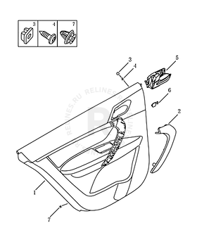 Запчасти Geely Emgrand 7 Поколение II (2014)  — Обшивка и комплектующие задних дверей (LUXURY) — схема
