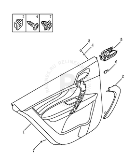 Запчасти Geely Emgrand 7 Поколение II (2014)  — Обшивка и комплектующие задних дверей (COMMON) — схема